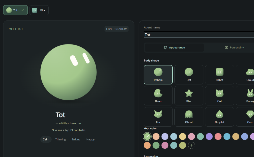 Tot character customizer with Pebble, Dot, Robot, Cloud shapes